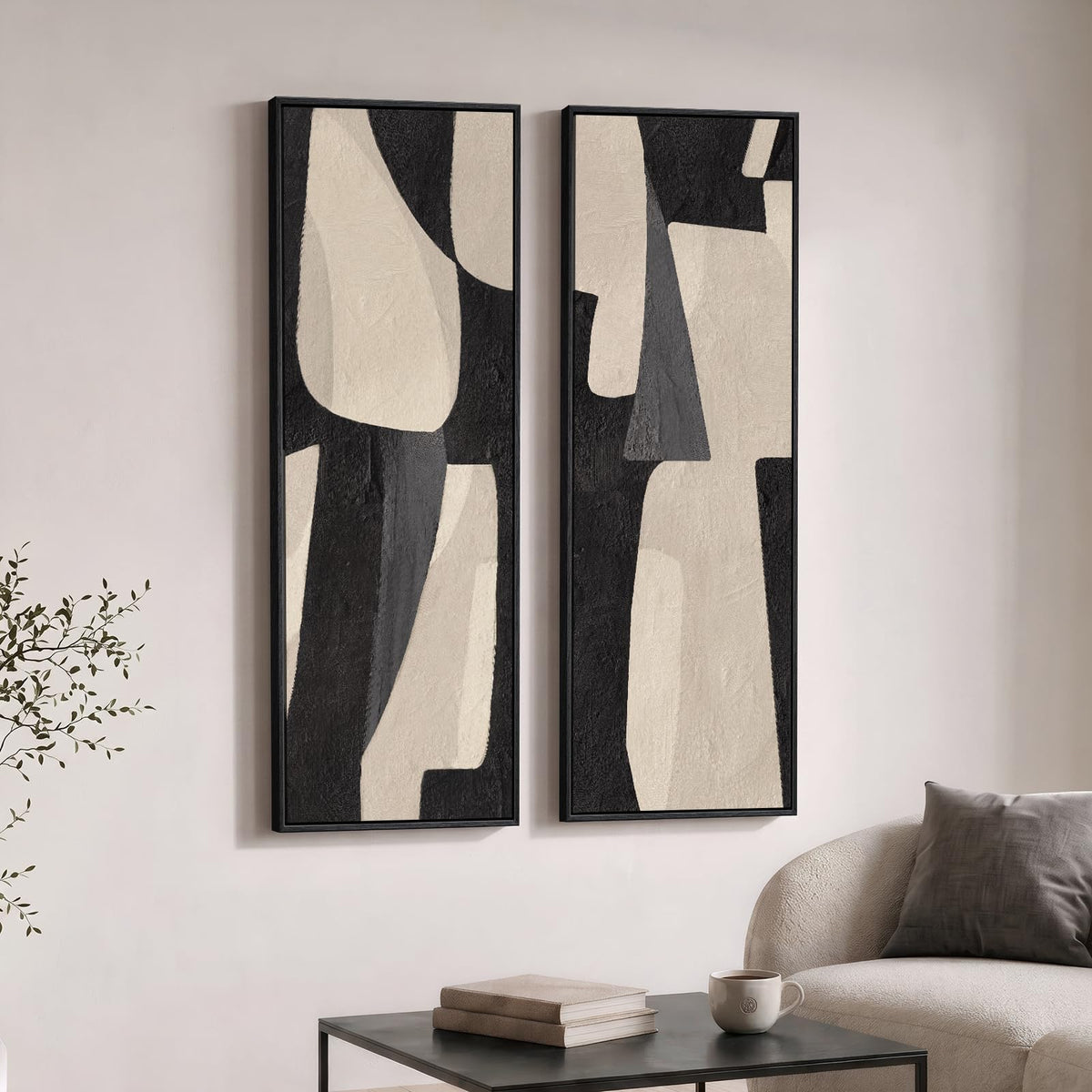 Large Framed Beige Cream Abstract Vertical Wall Art for Hallway, 2 Piece