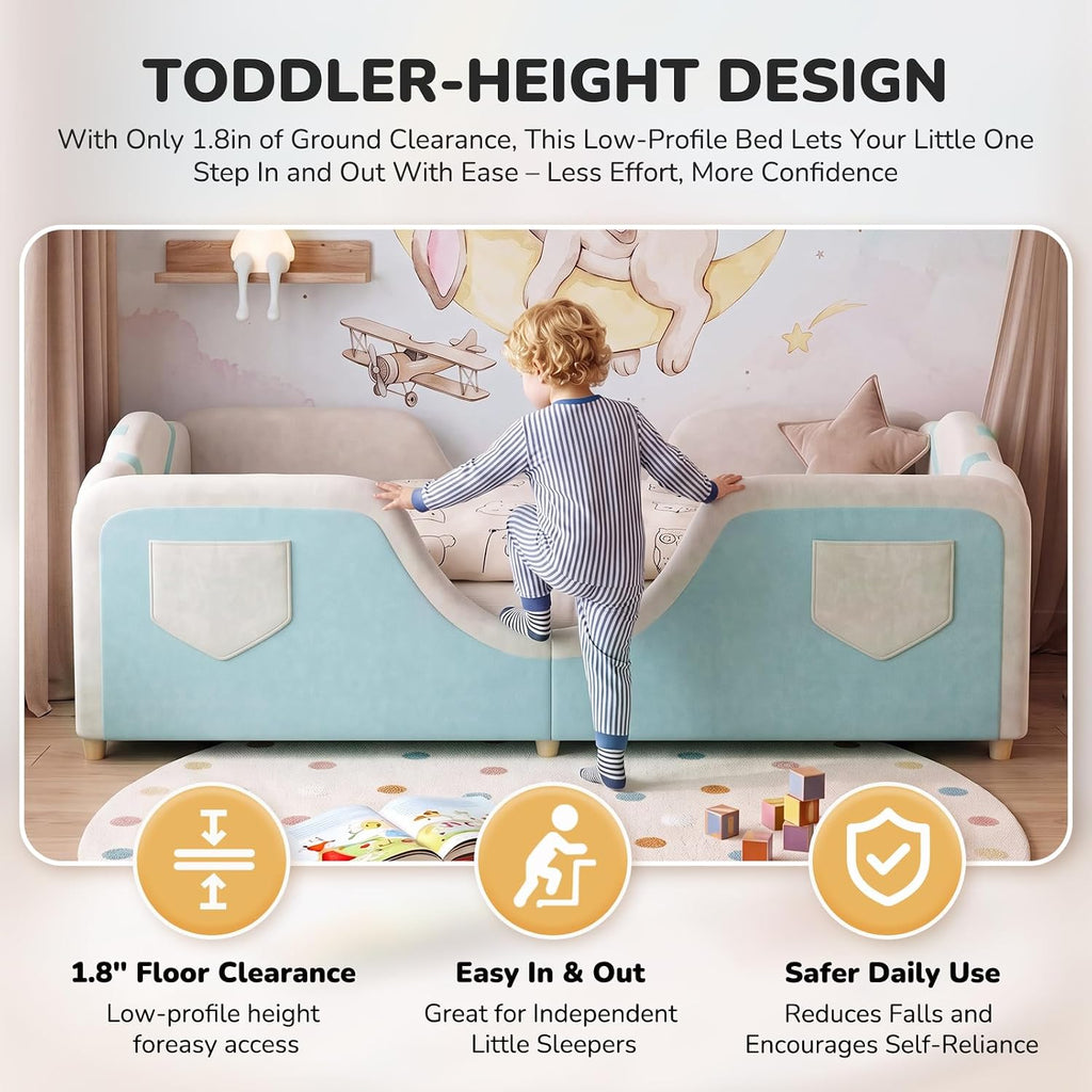 DoCred Toddler Bed, Upholstered Montessori Floor Bed with Dual Entrances