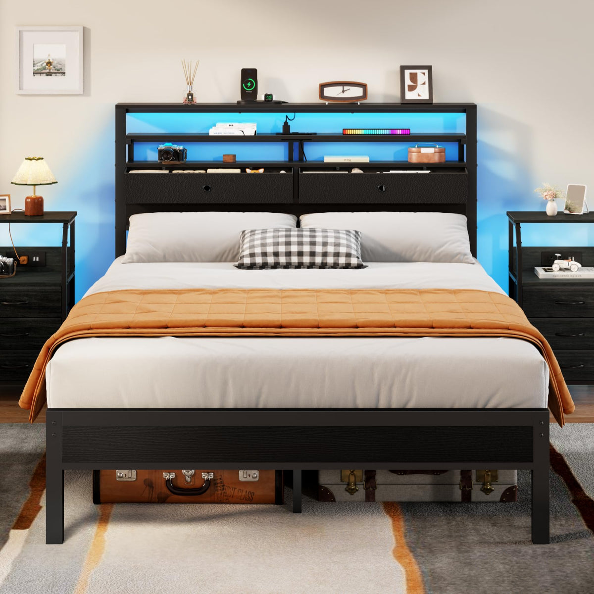 Furnulem Full Size Bed Frame with Headboard & 2 Fabric Drawers, Black Oak