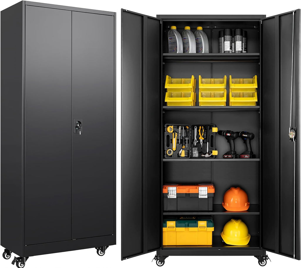 SISESOL 75" Tall Metal Storage Cabinet with Wheels,Rolling Garage Storage Cabinet with Lock,Black Metal Cabinets with Wheels and Shelves,Deep Heavy Duty Tool Locker for Garage,Home,Office,Shop