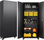 SISESOL 75" Tall Metal Storage Cabinet with Wheels,Rolling Garage Storage Cabinet with Lock,Black Metal Cabinets with Wheels and Shelves,Deep Heavy Duty Tool Locker for Garage,Home,Office,Shop