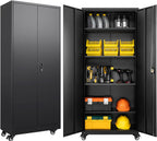 SISESOL 75" Tall Metal Storage Cabinet with Wheels,Rolling Garage Storage Cabinet with Lock,Black Metal Cabinets with Wheels and Shelves,Deep Heavy Duty Tool Locker for Garage,Home,Office,Shop