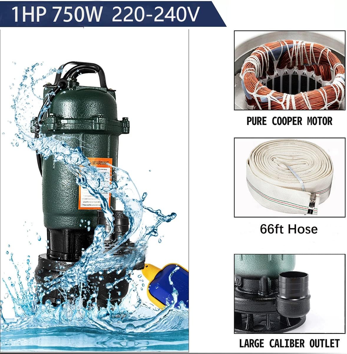 1HP Sump Pump,4000GPH Submersible Dirty Clean Water Pump with Float Switch,Submersible Sewage Pump for Pools, Garden,Pond,Irrigation,flooded Areas (220V-240V)