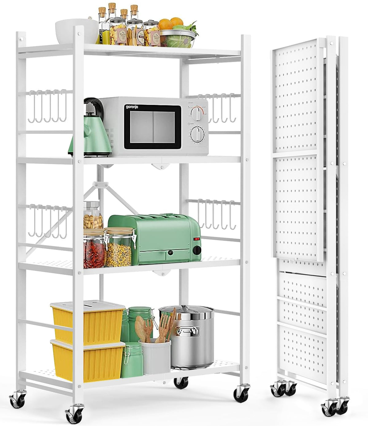 Himix 5-Tier Foldable Storage Shelves with 20 Hooks Wheels Kitchen Black