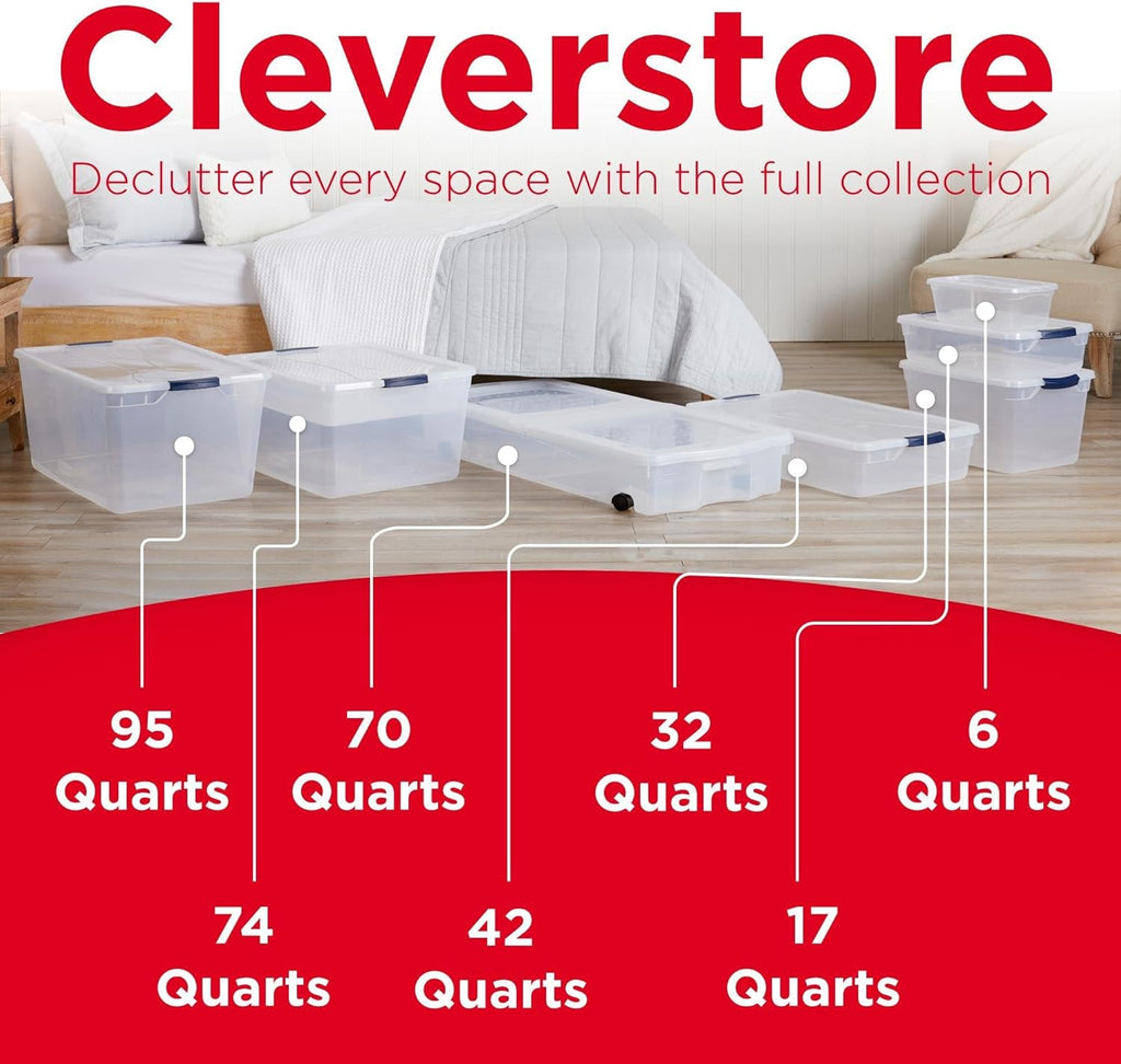 Rubbermaid Cleverstore Clear 32 Qt, 6 Pack Stackable Plastic Storage Bins with Lids, Great for Closet and Laundry Storage, Organizing in the Home