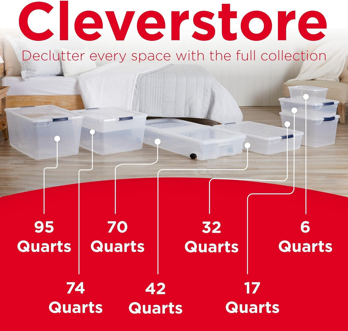 Rubbermaid Cleverstore Clear 32 Qt, 6 Pack Stackable Plastic Storage Bins with Lids, Great for Closet and Laundry Storage, Organizing in the Home
