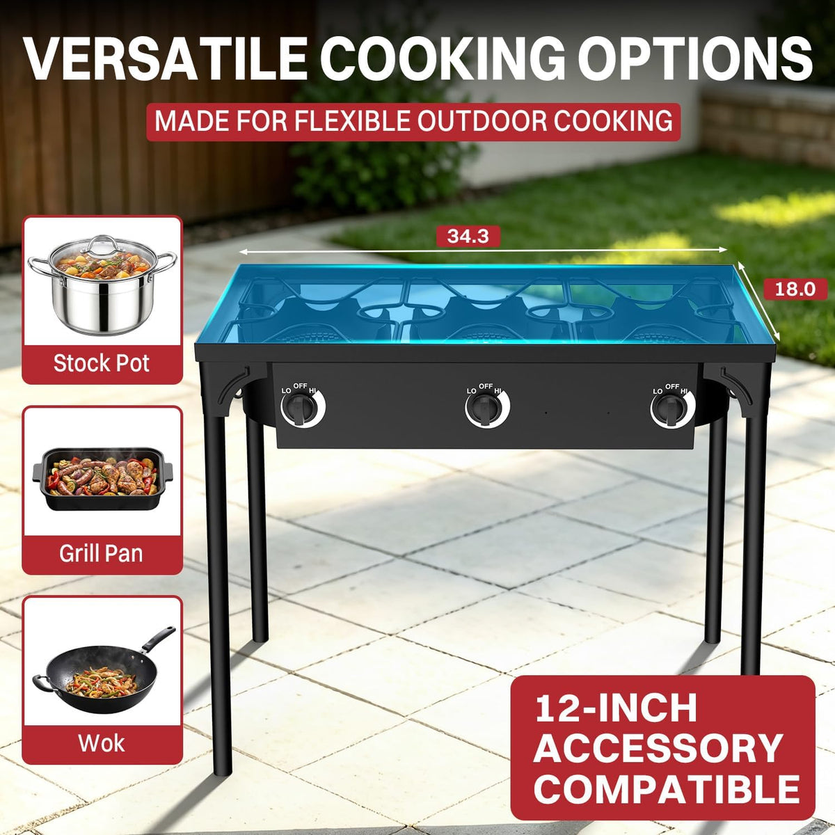 3 Burner Propane Camp Stove | 225,000 BTU | High Pressure Gas Burners
