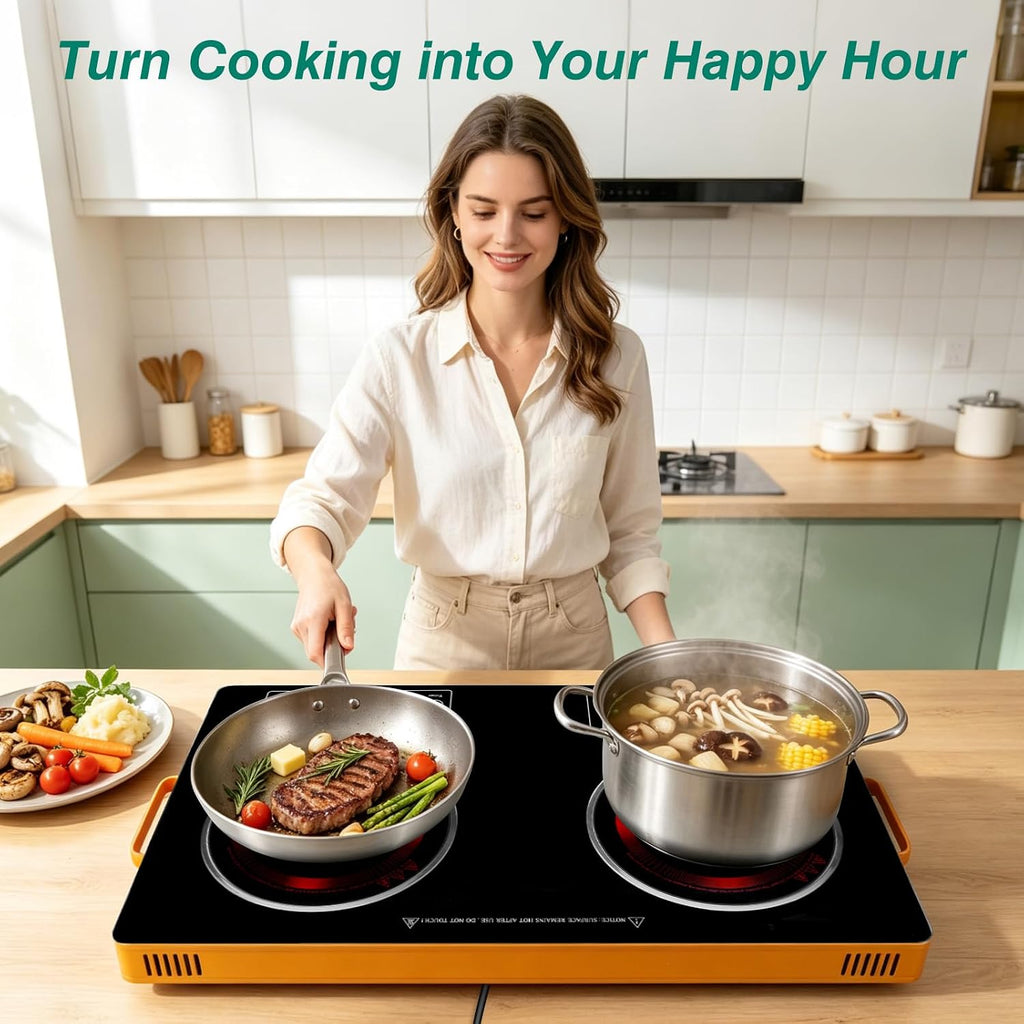 Electric Countertop Double Burner, 7000W Ceramic Cooktop with Crystal Glass Hot Plate & Stay Cool Handles, 12 Level Temperature Control, LED Display, Touch Control, Cooking Stove for Home Camping RV