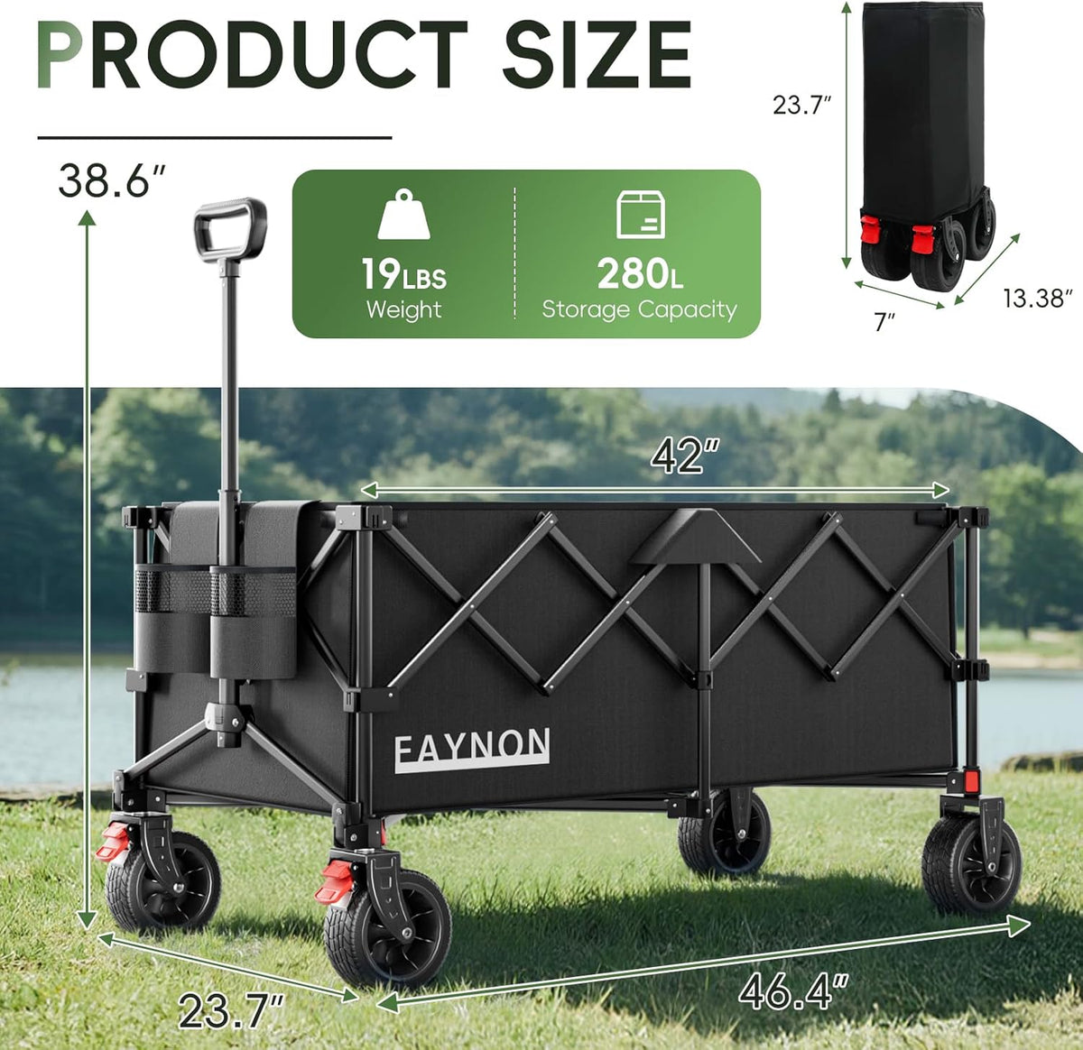 46" L Collapsible Foldable Extended Wagon, 500LB Weight Capacity with 280L Heavy Duty Folding Cart,Utility Wagon with All-Terrain Beach Wheel & Drink Holders,Black
