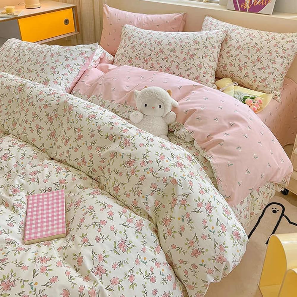 Floral Duvet Cover Set Muslin Cotton Queen(90"x90"),Pink Flower