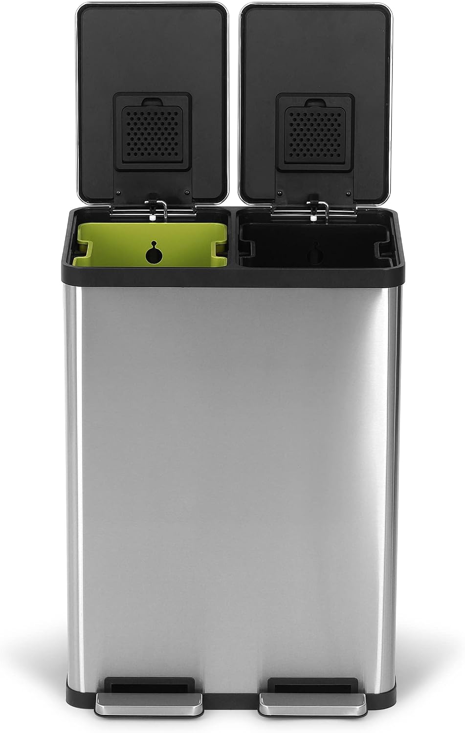 SIMPLI-MAGIC 60 Liter / 16 Gallon Rectangular Hands-Free Dual Compartment Recycling Kitchen Step Trash Can with Soft-Close Lid, Brushed Stainless Steel