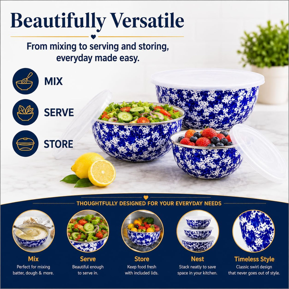Golden Rabbit Enamelware Nested Mixing Bowls with Lids, Set of 3, Cobalt Swirl