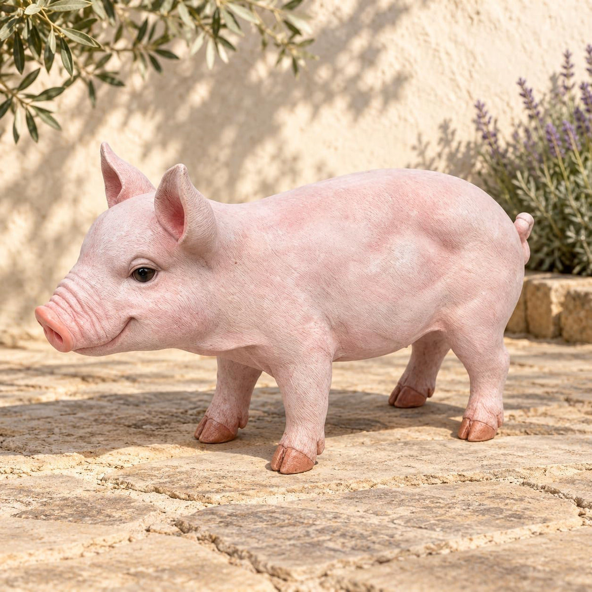 Baby Pink Pig Garden Statue with Curled Tail for Farmhouse Decor
