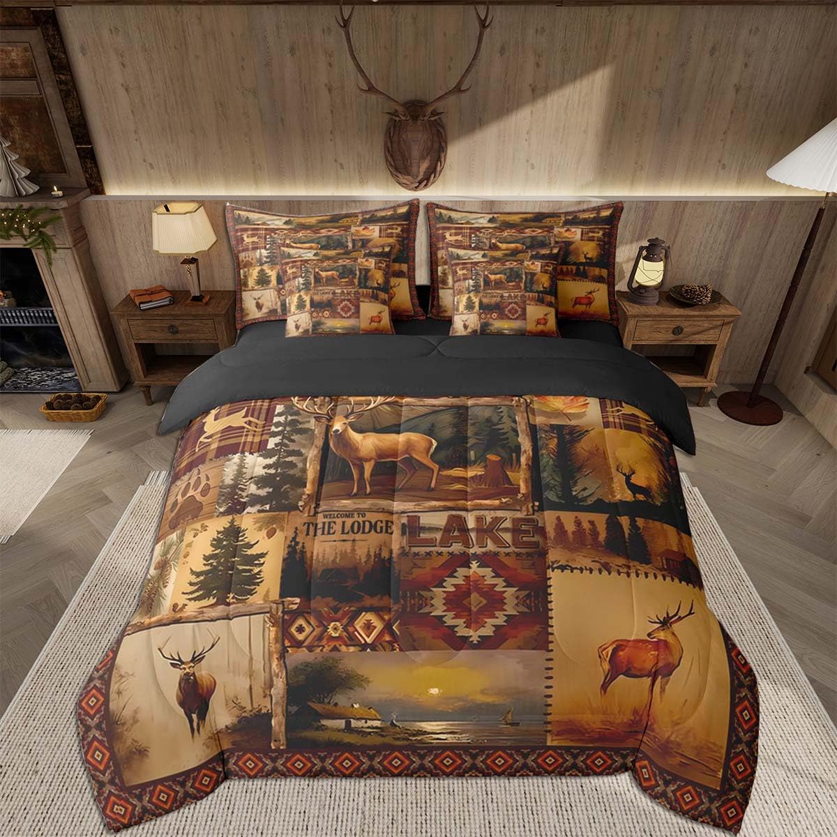 Feelyou Deer Comforter Set with Sheets King Size 7 piece Kids Rustic Deer Hunting Bedding Set Cabin Lodge Deer Bed in a Bag Farmhouse Nature Wildlife Antlers Brown Bed Set