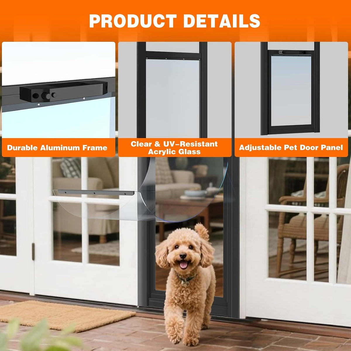 Dog Door for Sliding Glass Doors, 74.8'' to 80.7'' Height Adjustable Pet Door with 11.4'' W Frame & 13'' x 8.3'' Pet Opening, Insert Sliding Glass Dog Door with Security Lock for Small Dogs