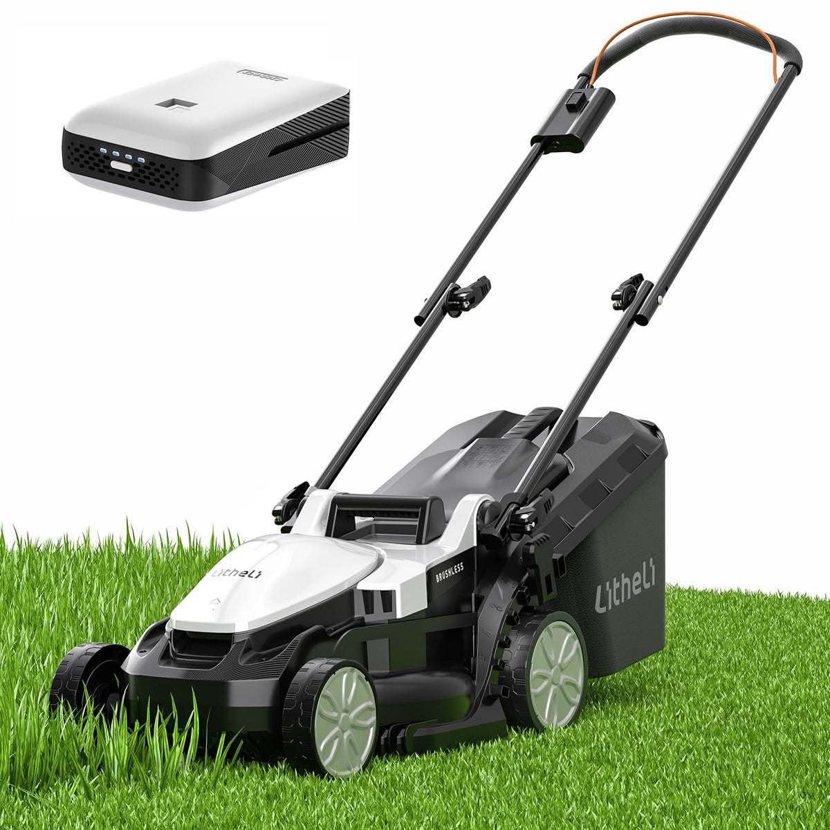 Litheli 14 Inch Cordless Lawn Mower, Brushless Battery Powered Push Mower with 5.0Ah Battery, 5-Position Height, 9-Gallon Bag, Lightweight Grass Cutter for Small to Mid-Sized Yards