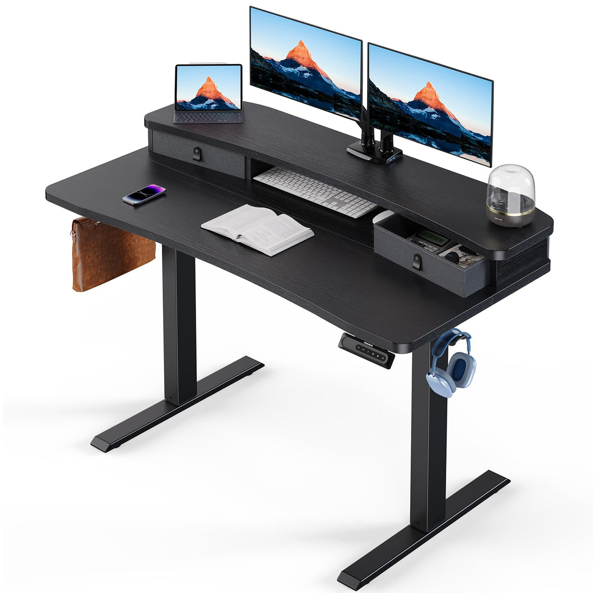 HUANUO 48″ x 28″ Electric Standing Desk with 2 Drawers, C-Clamp Mount Compatible, Height Adjustable Computer Desk, Home Office Stand Up Desk with 4 Preset Heights & 2 Hooks, Black