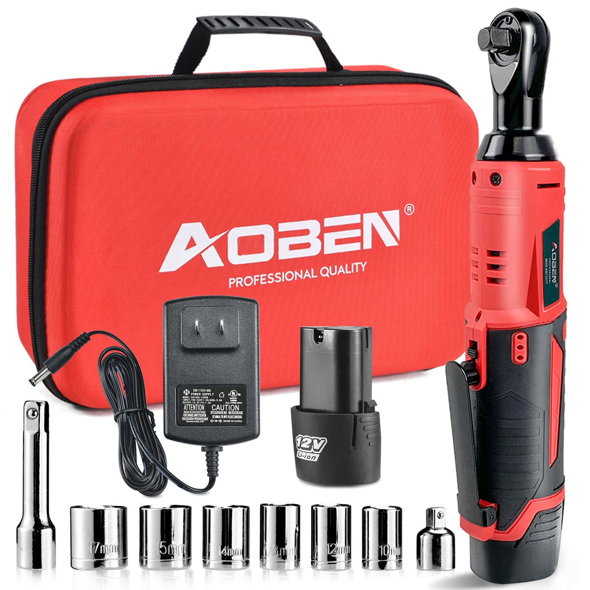 AOBEN Cordless Ratchet Wrench Kit,3/8" ratchet,40 Ft-lbs Electric Power Ratchet Set with Variable Speed Trigger,2 Packs 2000mAh Lithium-Ion Battery And Charger,83 Sockets
