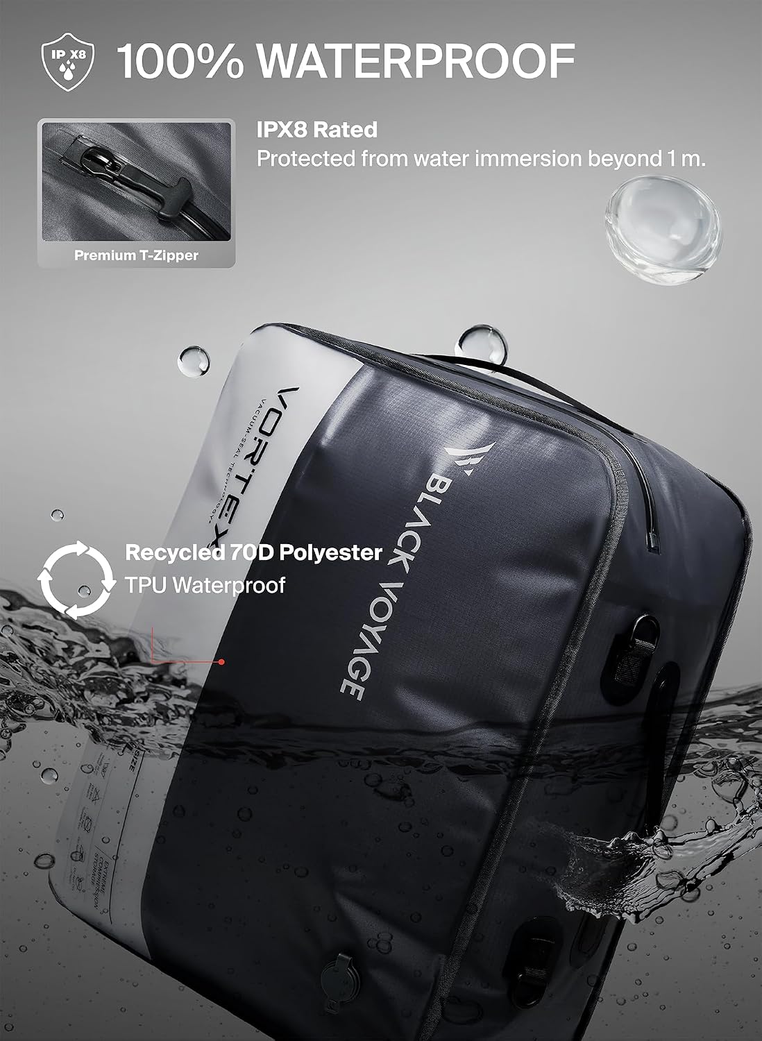 Black Voyage Reusable Vacuum Compression Travel Bag for Carry-On Suitcase and Backpack, Recycled IPX8 Waterproof Space Saver Vacpack (1-Pack, 41L - Pump Included)