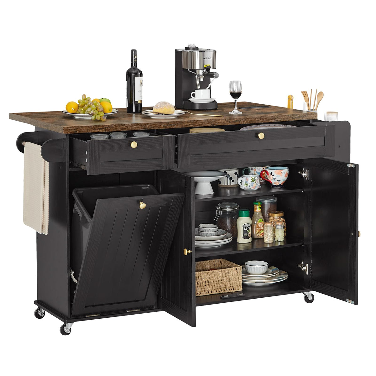 ONBRILL 60" Kitchen Island with Trash Can Storage, Rolling Island Table