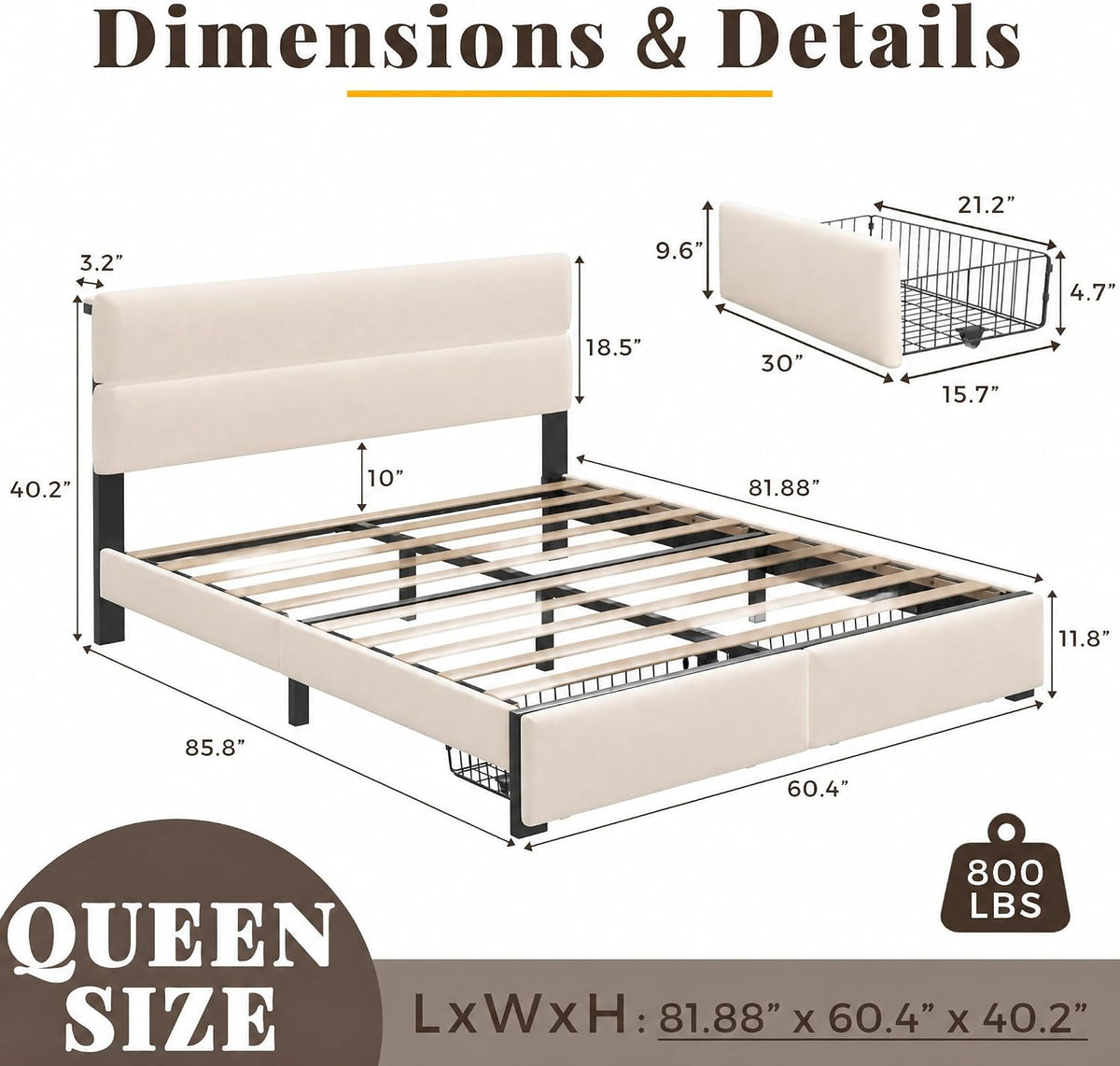 Queen Bed Frame with 2 Storage Drawers, Beige Velvet Upholstered