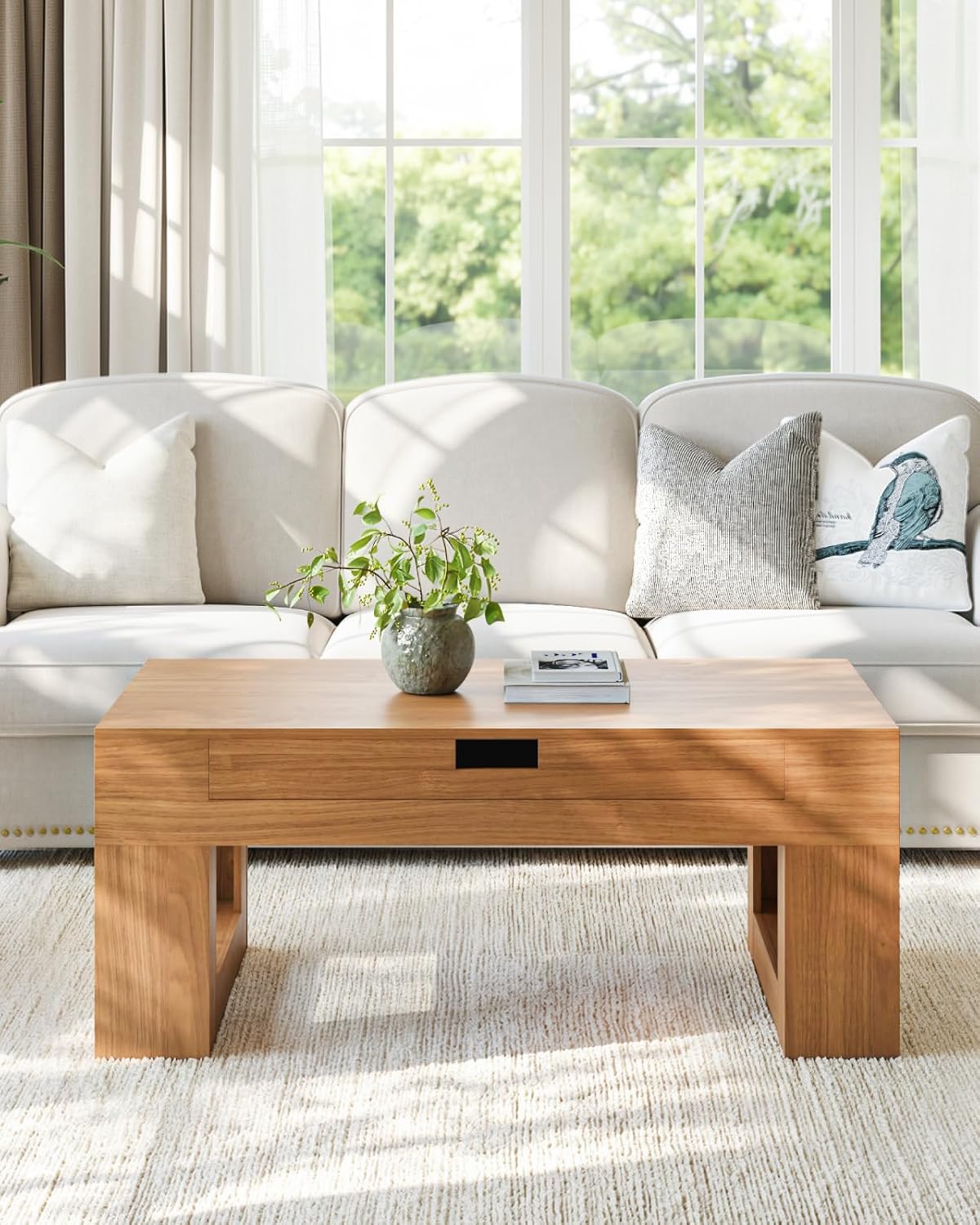 Lift Top Coffee Table with Puzzle Tray, Modern Wood Center Table with Hidden Storage & Charging Station for Living Room, Brown
