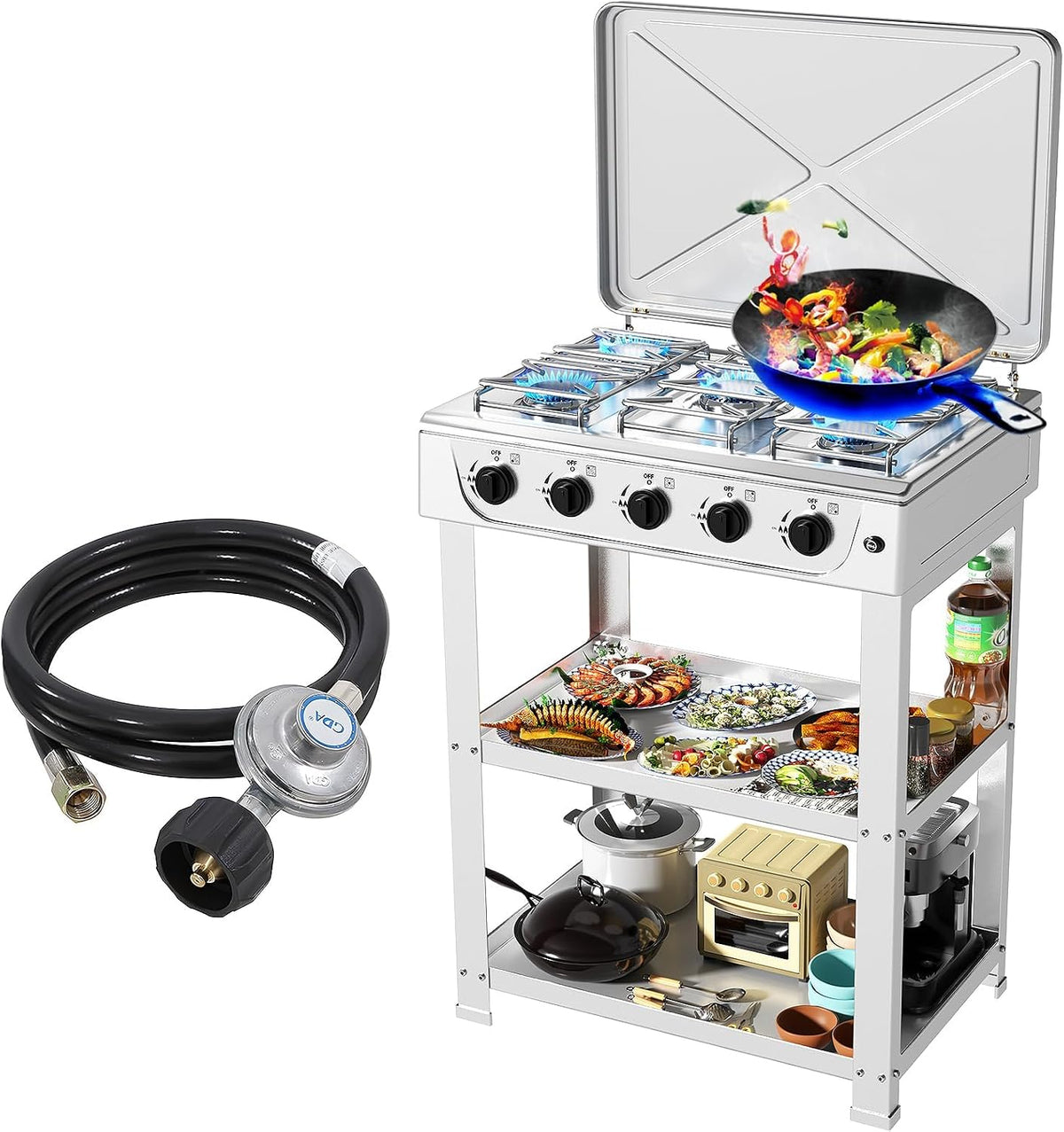 Propane Gas Stove,5 Burner Propane Burner,Auto Ignition Camping Stove with Support Leg Stand and Wind Blocking Cover Adapter, Portable Gas Stove for RV, Apartment, Outdoor Cooking