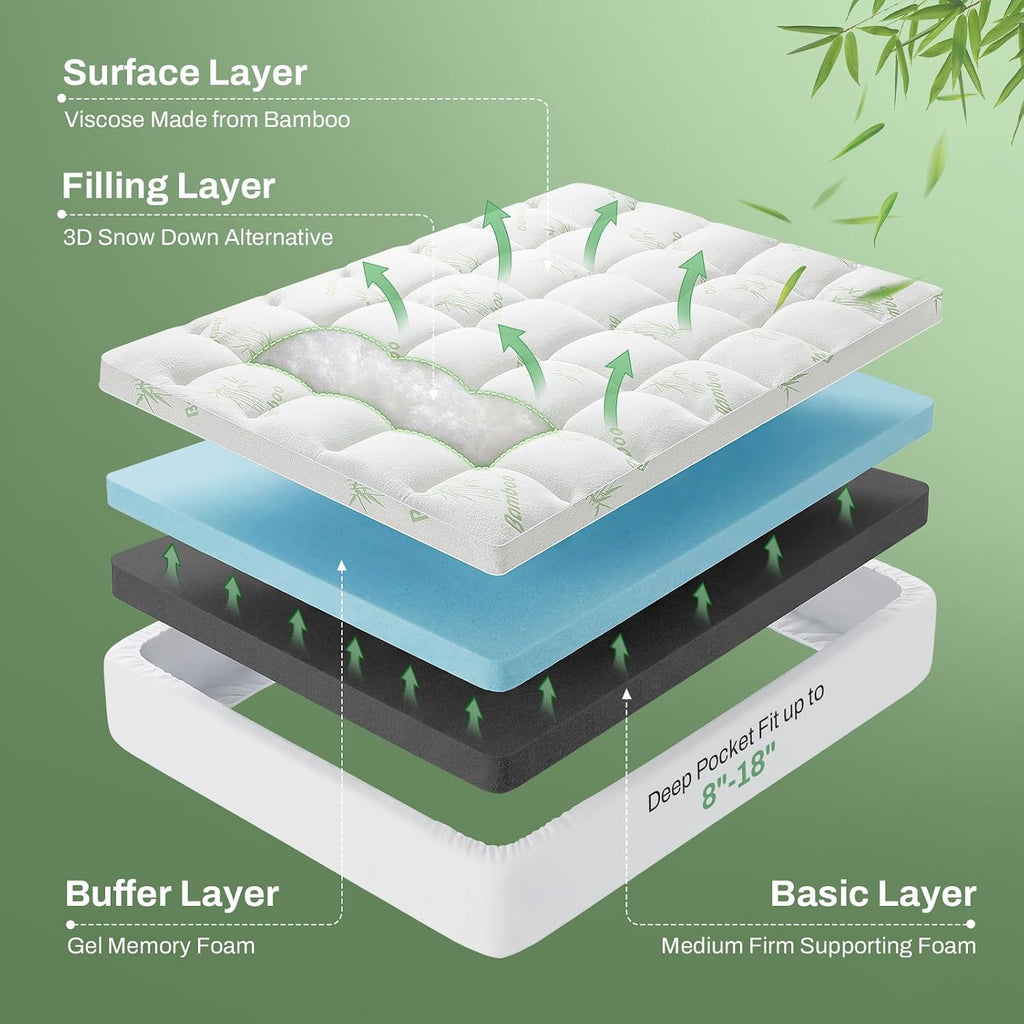 MASVIS 4 Inch Queen Mattress Topper, 2-in-1 Dual Layer Design, 2" Gel Memory Foam and 2" Pillow Top Mattress Pad Cover, Viscose Made from Bamboo, Pressure Relief & Medium Firm Support