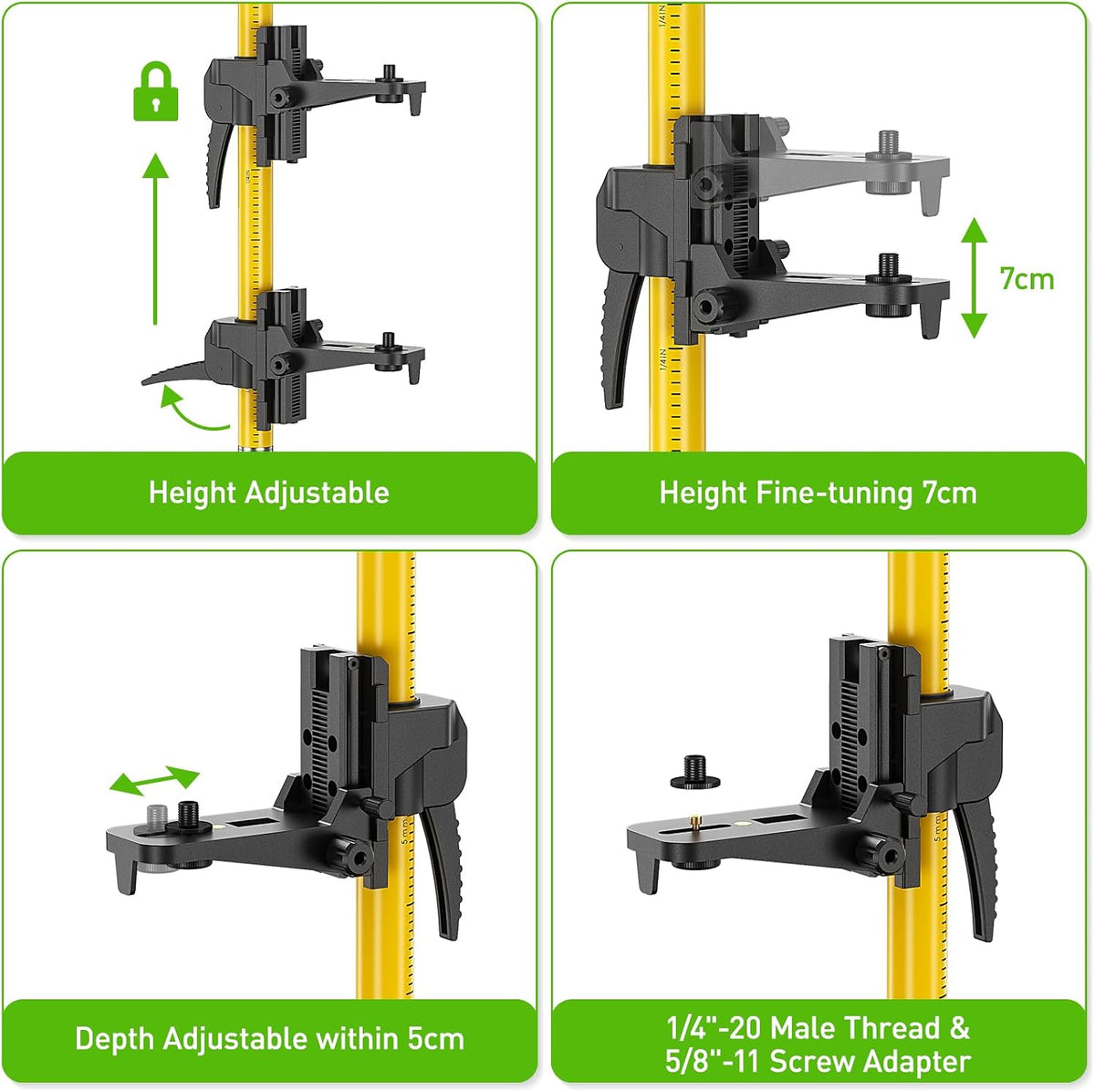 Huepar 12 Ft./3.7M Professional Laser Level Pole with Tripod and 1/4-Inch by 20-Inch Laser Mount for Rotary and Line Lasers, Adjustable Telescoping Laser Pole with 5/8"-11 Threaded Adapter-LP36A