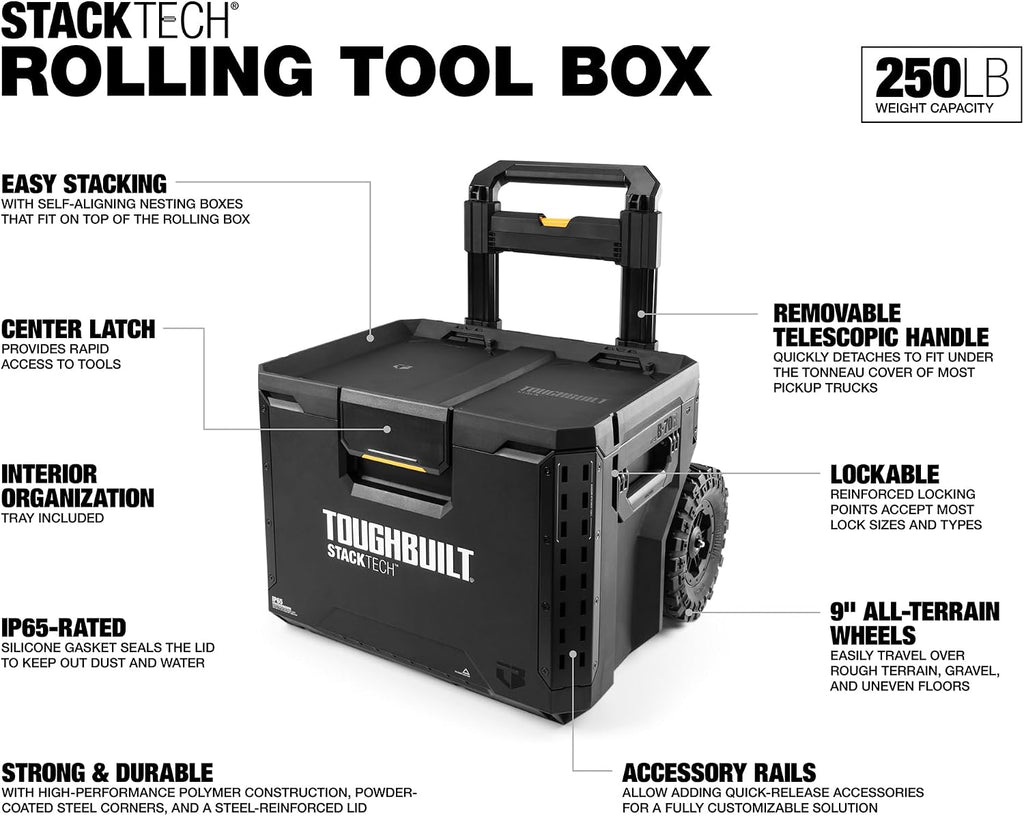 ToughBuilt StackTech Rolling Tool Box with 9-Inch Wheels, 250 lb Capacity