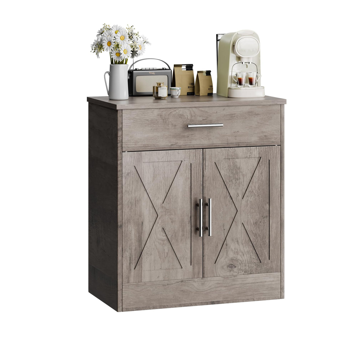 SUNLEI Coffee Bar Cabinet with Storage, Farmhouse Buffet Cabinet with 4 Doors & Adjustable Shelves, Kitchen Sideboard Cabinet for Coffee Station, Dining Room, Living Room & Home, White
