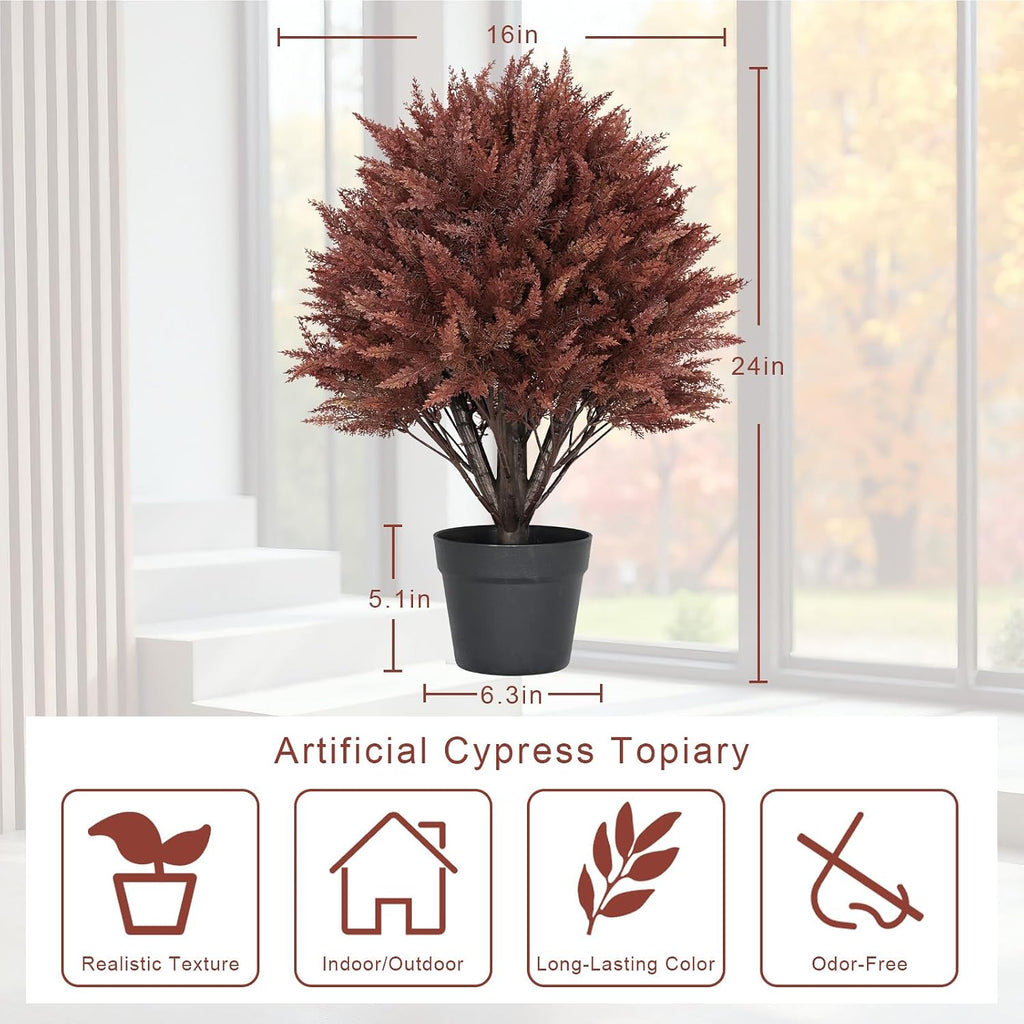 24" Artificial Cypress Ball Plants Outdoor, Fall Topiary Trees
