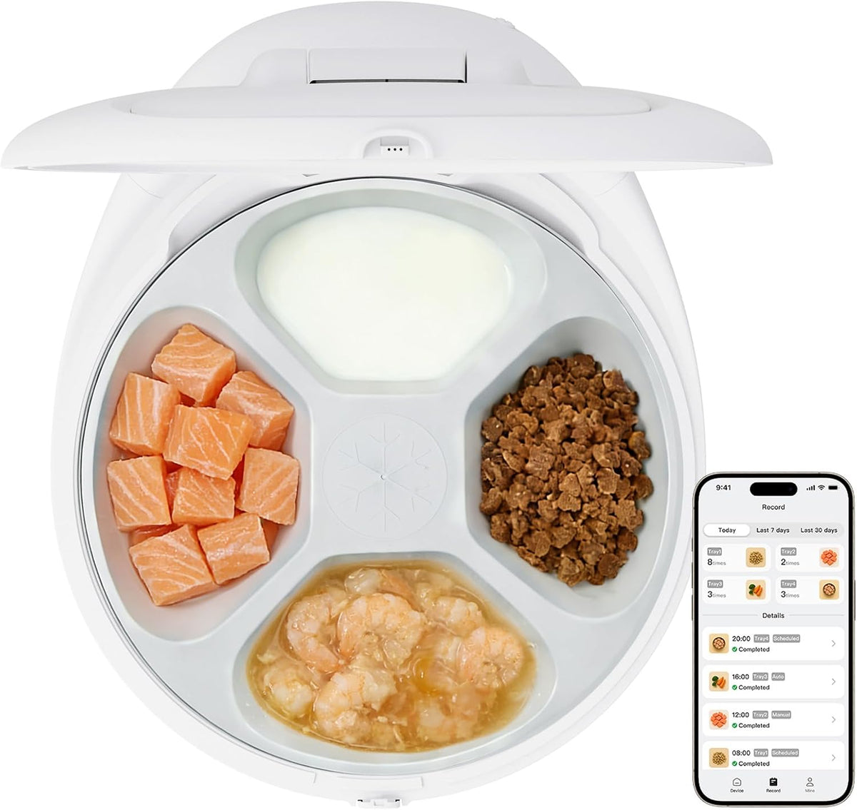 Smart Automatic Cat Feeder with Cooling & Heating, APP Control Dual-Temp Feeder for Wet/Dry/Raw Food, 24H Freshness, 4-Grid Tray, Anti-Pinch for Cats & Small Dogs (4.5-22Lb)