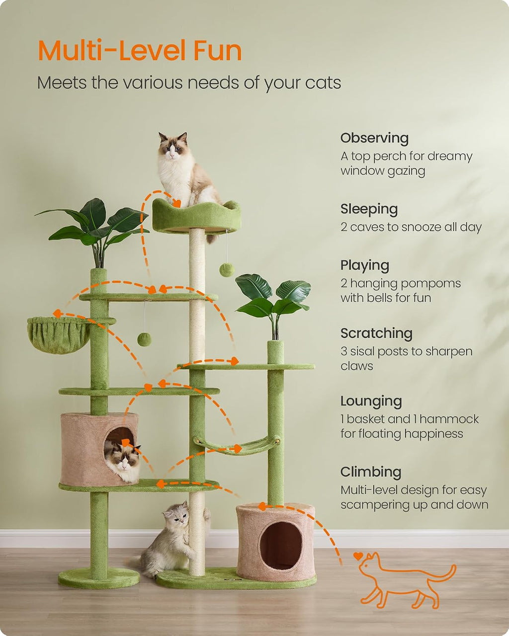 Feandrea Cat Tree, 68.1-Inch Multi-Level Plush Cat Tower, Artificial Leaves