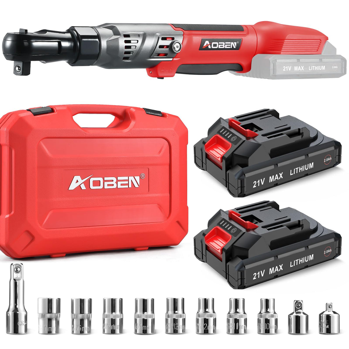 AOBEN Cordless Ratchet Wrench Kit,3/8" ratchet,40 Ft-lbs Electric Power Ratchet Set with Variable Speed Trigger,2 Packs 2000mAh Lithium-Ion Battery And Charger,83 Sockets