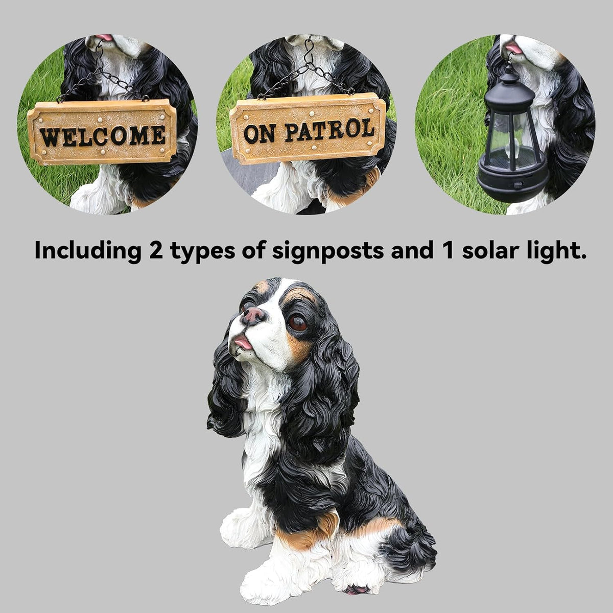 Lifelike Black and White Cocker Spaniel Garden Statue with Solar Lantern and Decorative Tag, Resin Puppy Figurine Outdoor Decor, Yard Art for Patio Lawn Porch