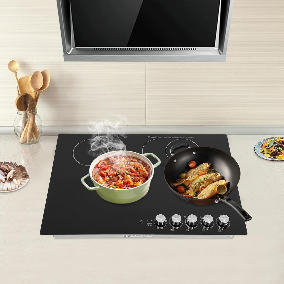 4 Burners Electric Cooktop, 30 Inch 3700W Electric Ceramic Cooktop Built-in Electric Stove Top with 5 Heating Levels, Kid Safety Lock and Timer, 110V for Hard Wire (No Plug)