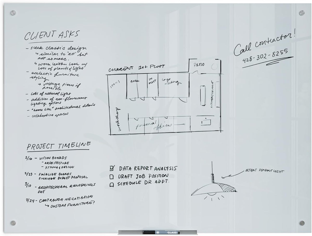 U Brands Glass Dry Erase Whiteboard, 36" x 48", Magnetic Surface, White
