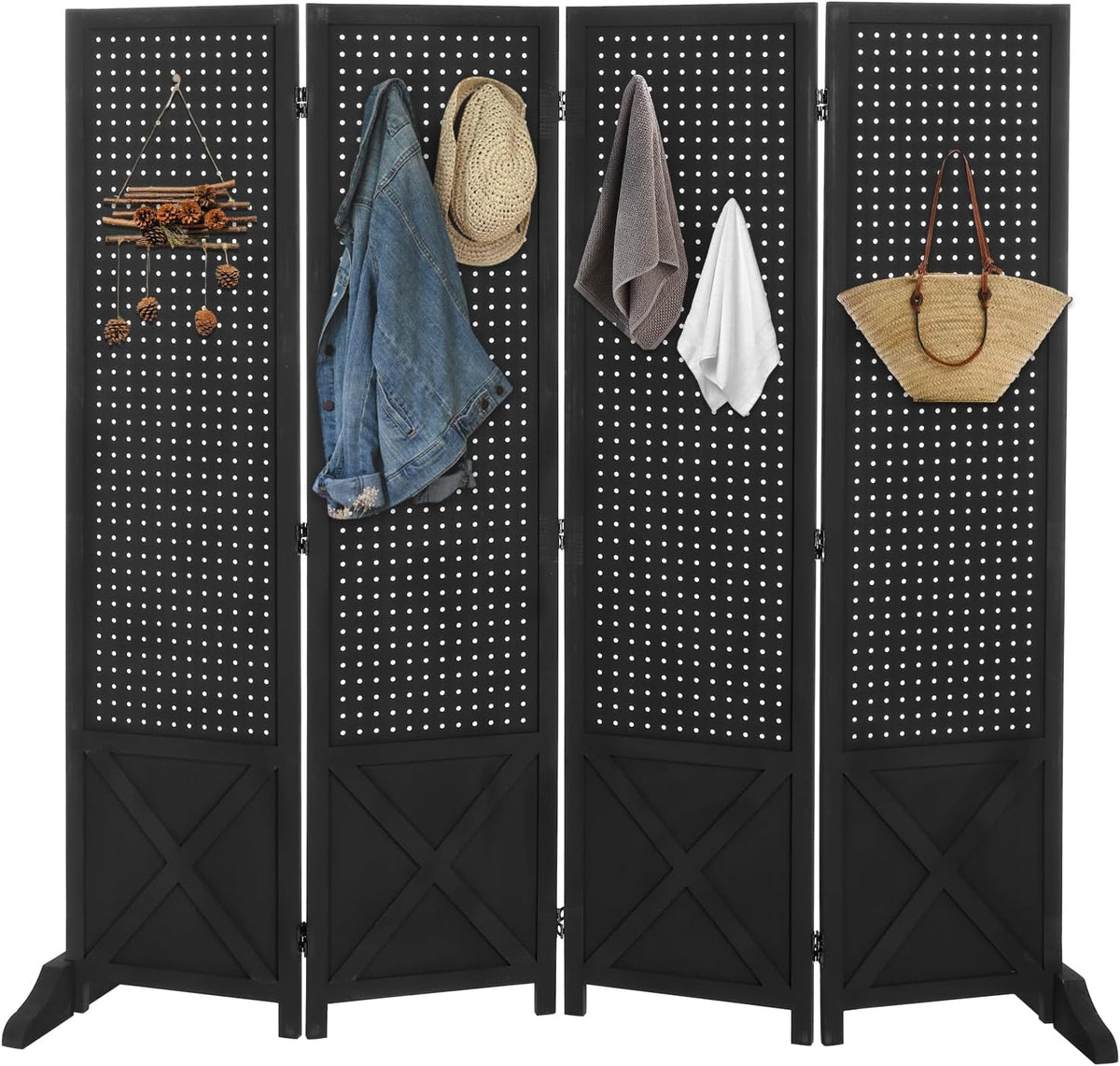 VINGLI Freestanding Pegboard with Support Feet, 5 FT Wood Room Divider Display Board Organizer, Folding Privacy Screen Partition Space Separator for Craft Shows Events Retail (Black, 4 Panel)