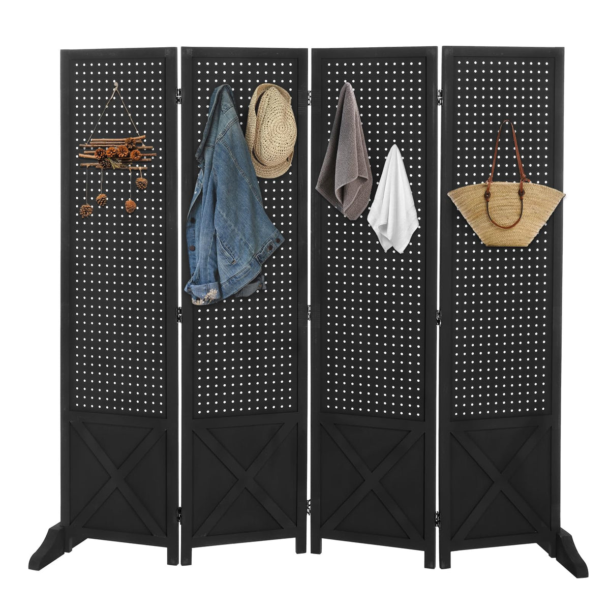 VINGLI Freestanding Pegboard with Support Feet, 5 FT Wood Room Divider Display Board Organizer, Folding Privacy Screen Partition Space Separator for Craft Shows Events Retail (Natural, 4 Panel)