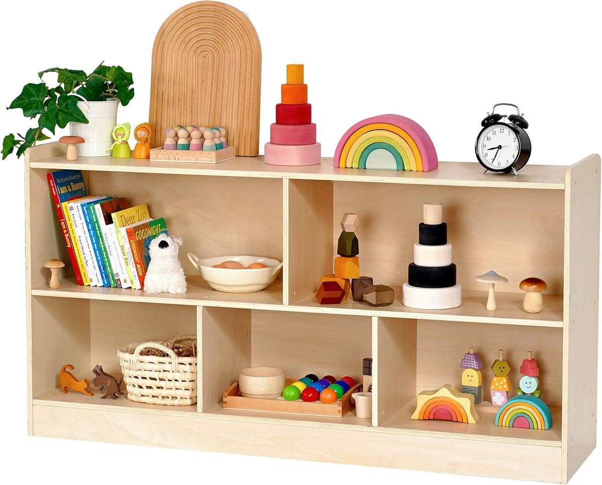 Montessori Book and Toy Shelf for Kids, 5-Section Organizer, Birch Plywood