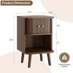 Decofy Fluted Nightstand Set of 2, Charging Station & Sliding Doors, Walnut