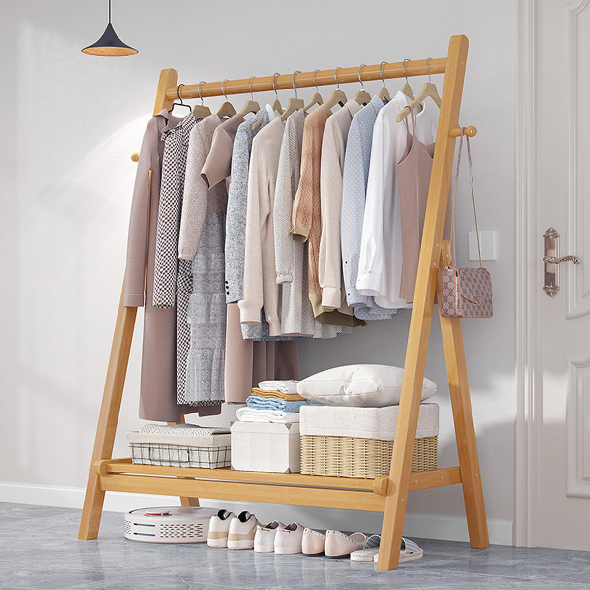 Unique Coat Rack Stand, Bamboo Clothing Rack Foldable Clothes Hanging Stand with Storage Shelf for Laundry, Guest Room, Apartment, Entryway