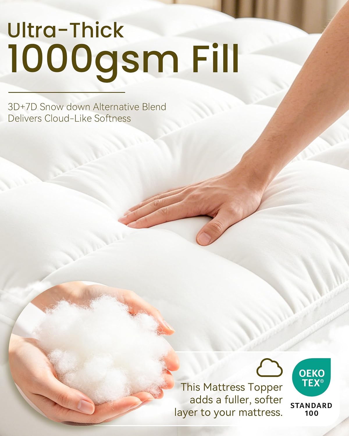 Mattress Topper, WestMonth Premium Quilted 1000gsm Extra Thick Mattress Topper, Fluffy Soft & Breathable Cooling Memory Foam Mattress Topper for Back Pain, 8-21" Deep Pocket (Queen)
