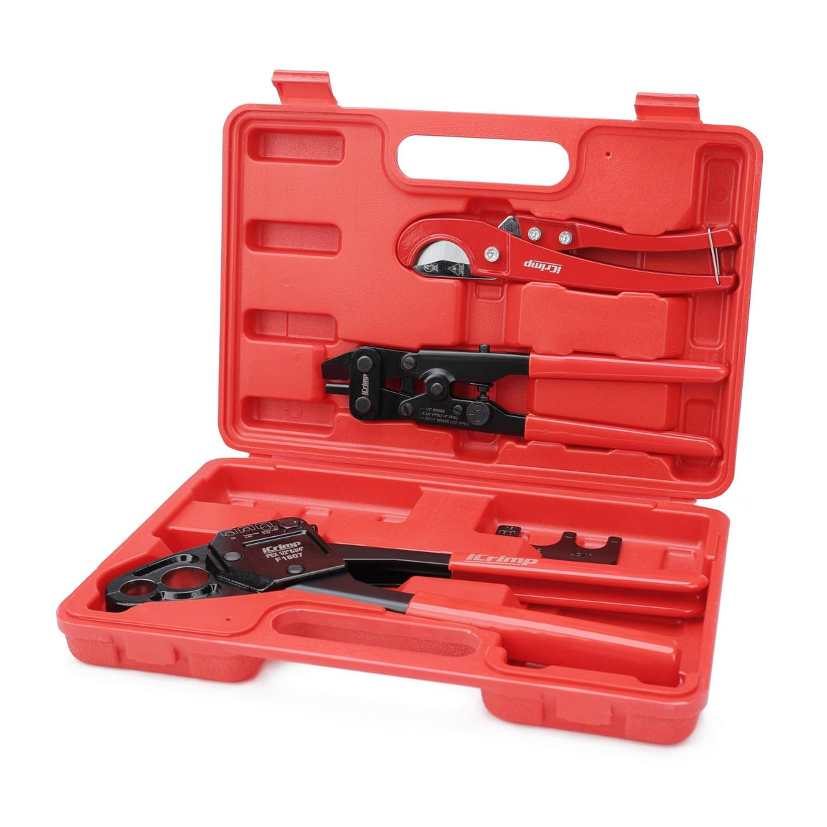 iCrimp IWS-1807CN PEX Crimping Tool Kit with PEX Crimpers, PEX Tubing Cutter, Copper Ring Removal Tool for 1/2’’ & 3/4’’ Copper Crimp Rings, Meets ASTM F1807 Standard