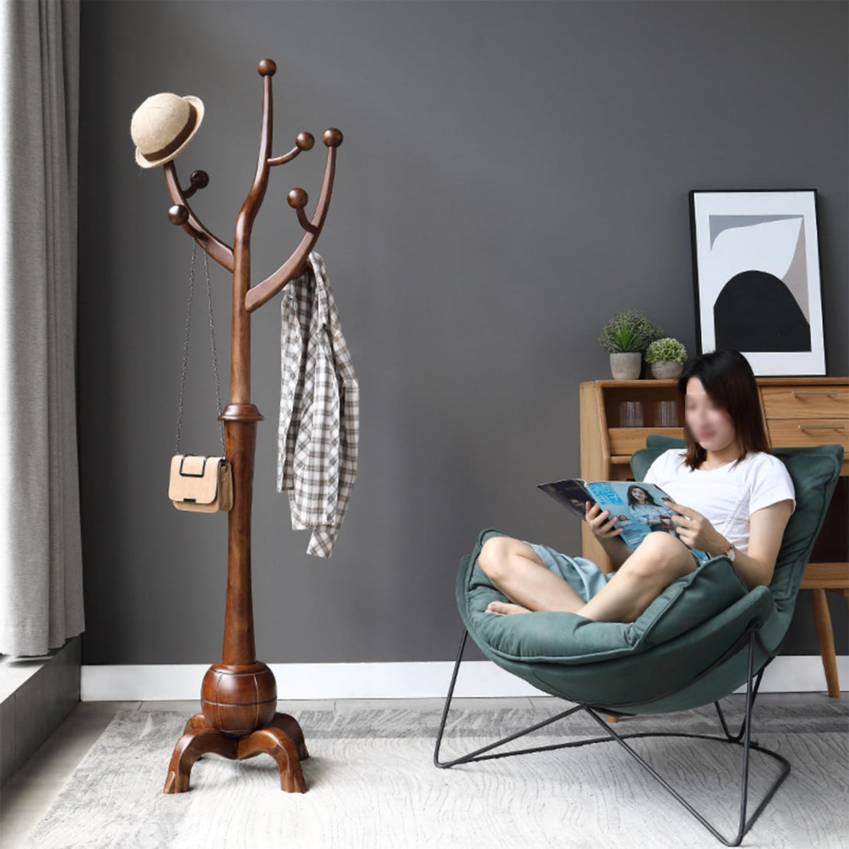 Freestanding Coat Rack with 8 Hooks, 70 Inch Floor Coat Tree Wooden Clothes Rack Tree-shaped Clothing Organizer Walnut for Entrance Living Room Bedroom