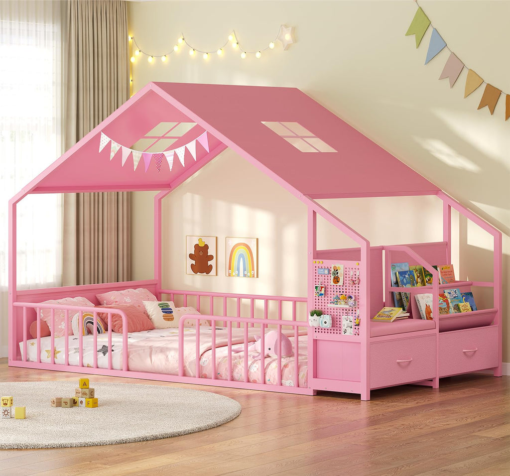 Montessori Full Size Floor Bed, Safety Guardrails, Reading Nook, Pink
