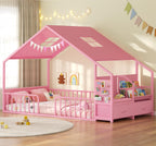 Montessori Full Size Floor Bed, Safety Guardrails, Reading Nook, Pink