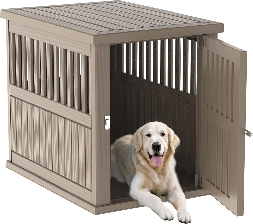 DRATO Dog House Resin Dog Kennel Furniture Weatherproof Functional End Table for Indoor Living Spaces & Outdoor Patios(Light Brown, Large (39.37 * 28.35 * 32.83))