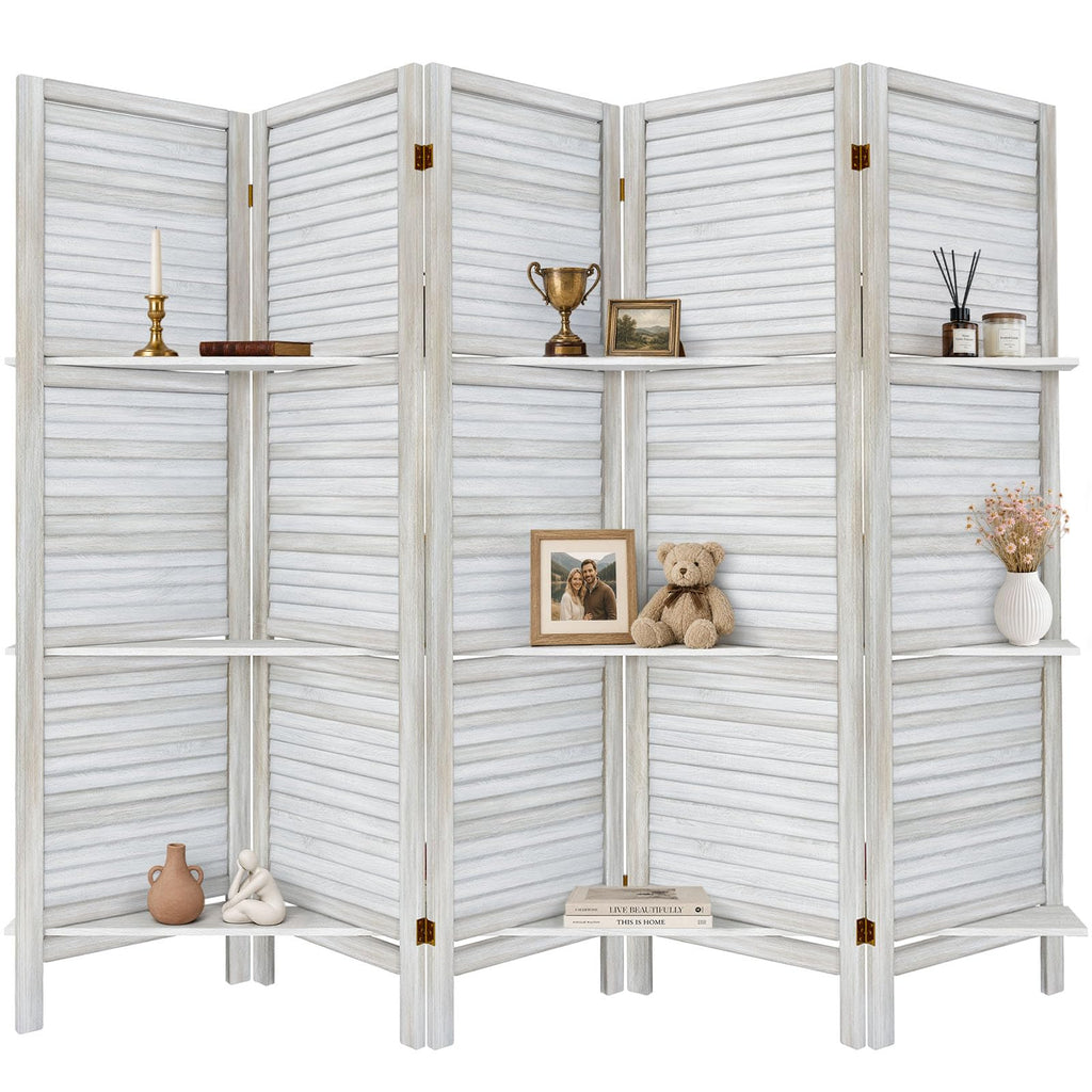 TEAKMAMA Room Divider, Room Divider with Shelves, 4 Panel,Distressed White